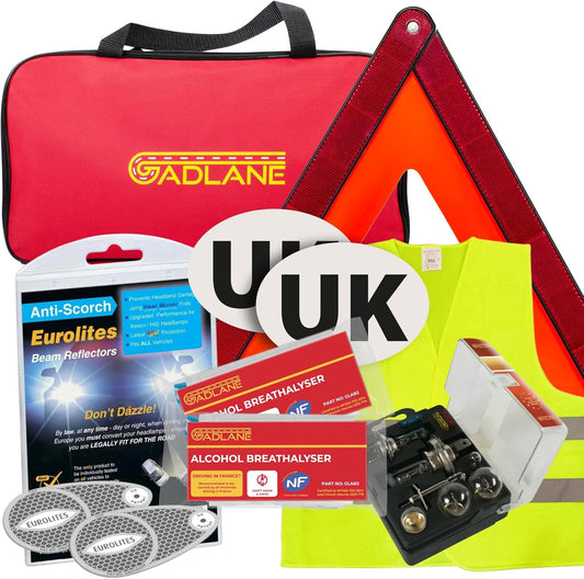European Driving Kit France - 8 PCS Europe Car Travel Kit - NF Approved Alcohol Breathalysers, Warning Triangle, UK Sticker, Hi-Vis Vest, Eurolites Headlight Deflectors, Bulb Kit, Storage Bag