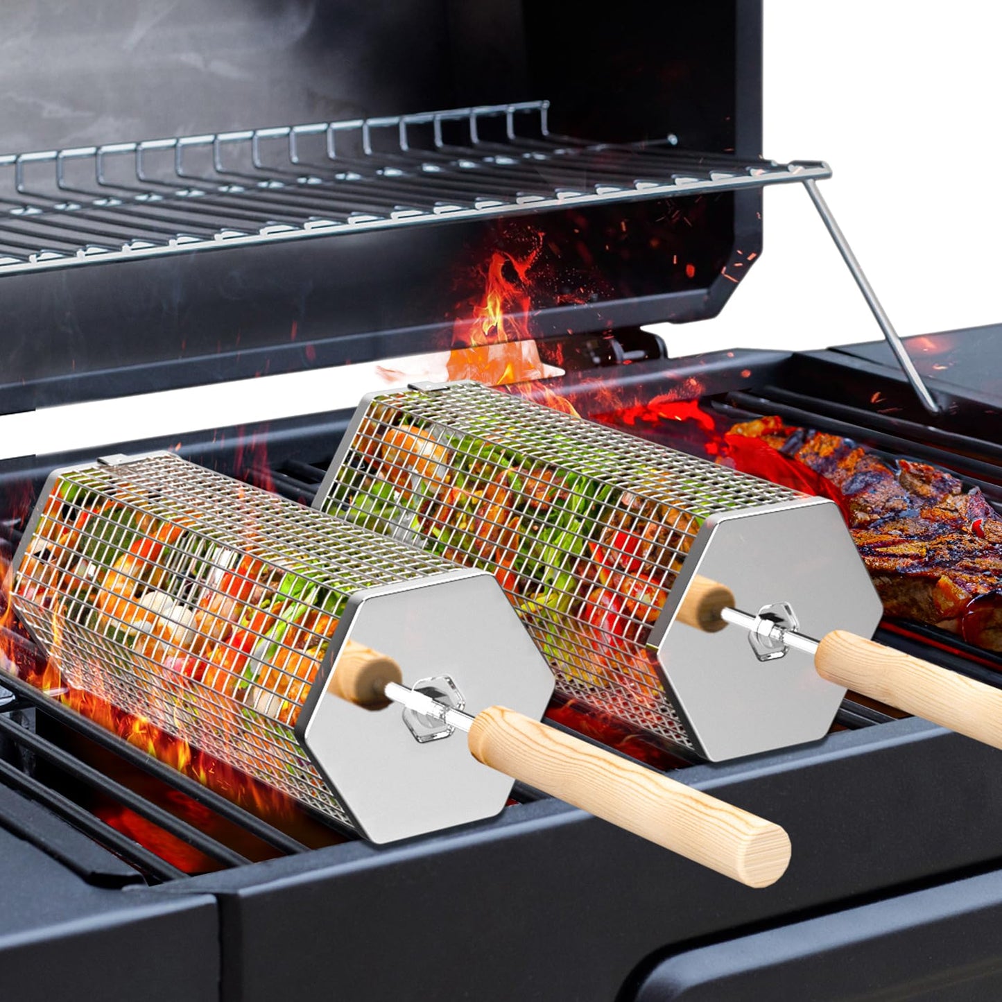 Rolling Grill Basket Outdoor Cooking