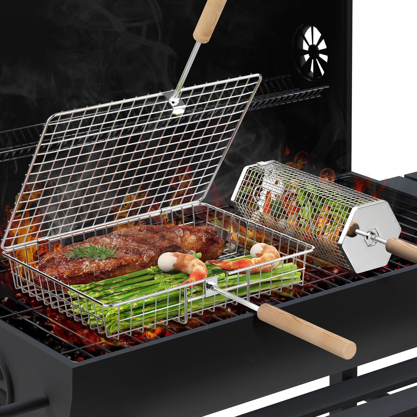 Rolling Grill Basket Outdoor Cooking