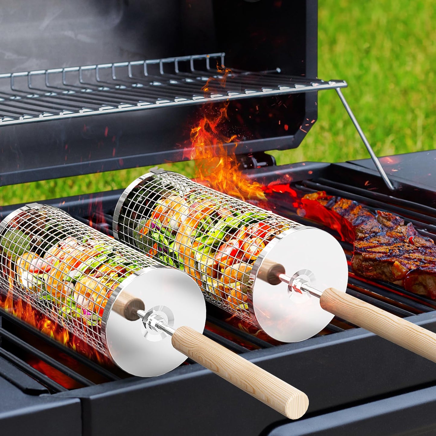 Rolling Grill Basket Outdoor Cooking